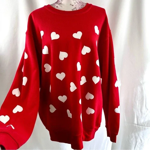 ❤️ Heart Print Sweatshirt Women's XL Red White Maximalist Dopamine Love‎ - Picture 16 of 16